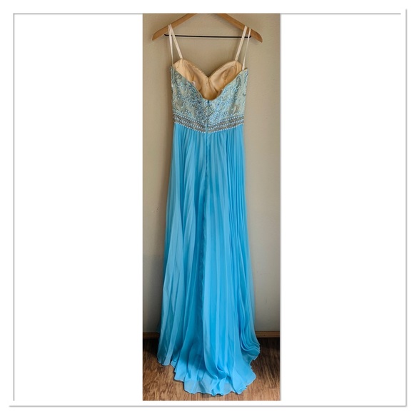 Cassandra Stone Evening Gown Beaded Jewel Bodice Pleated Long Dress Blue Size 4 - Picture 13 of 15